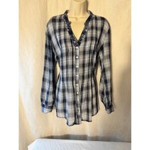 Style & Co Plaid Tunic Women Medium Blue Excellent Embroidered Split Neck Blouse